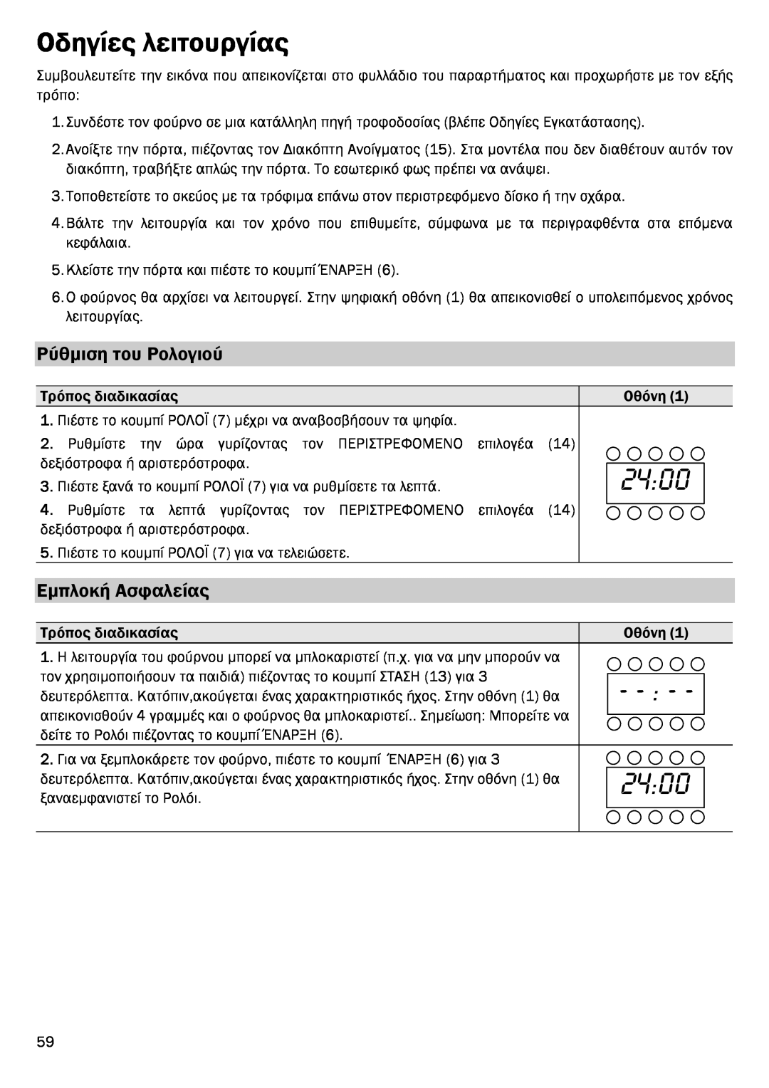Smeg FME20EX1 manual Οδηγίες λειτουργίας, Ρύθµιση του Ρολογιού, Εµπλοκή Ασφαλείας, 2400 