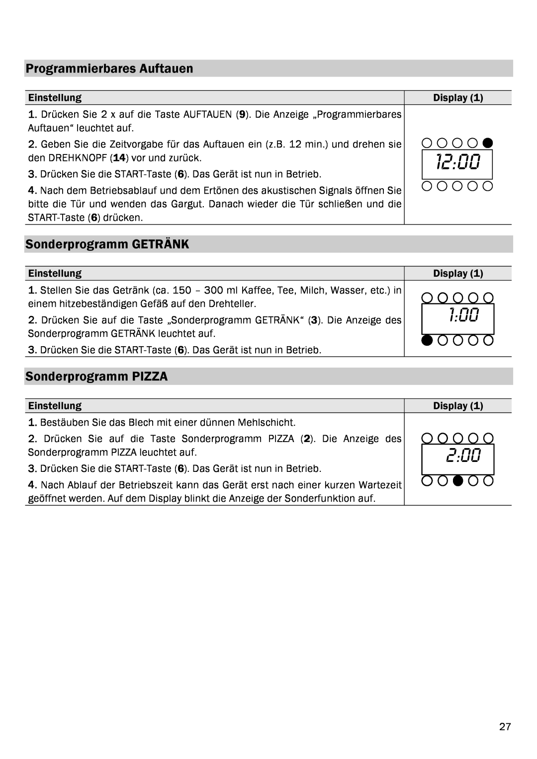 Smeg FME20EX1 manual Programmierbares Auftauen, Sonderprogramm GETRÄNK, Sonderprogramm PIZZA, 1200 
