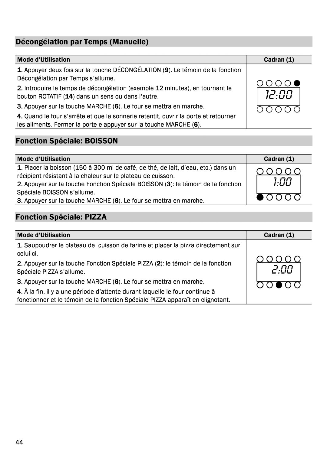 Smeg FME20EX1 manual Décongélation par Temps Manuelle, Fonction Spéciale BOISSON, Fonction Spéciale PIZZA, 1200 