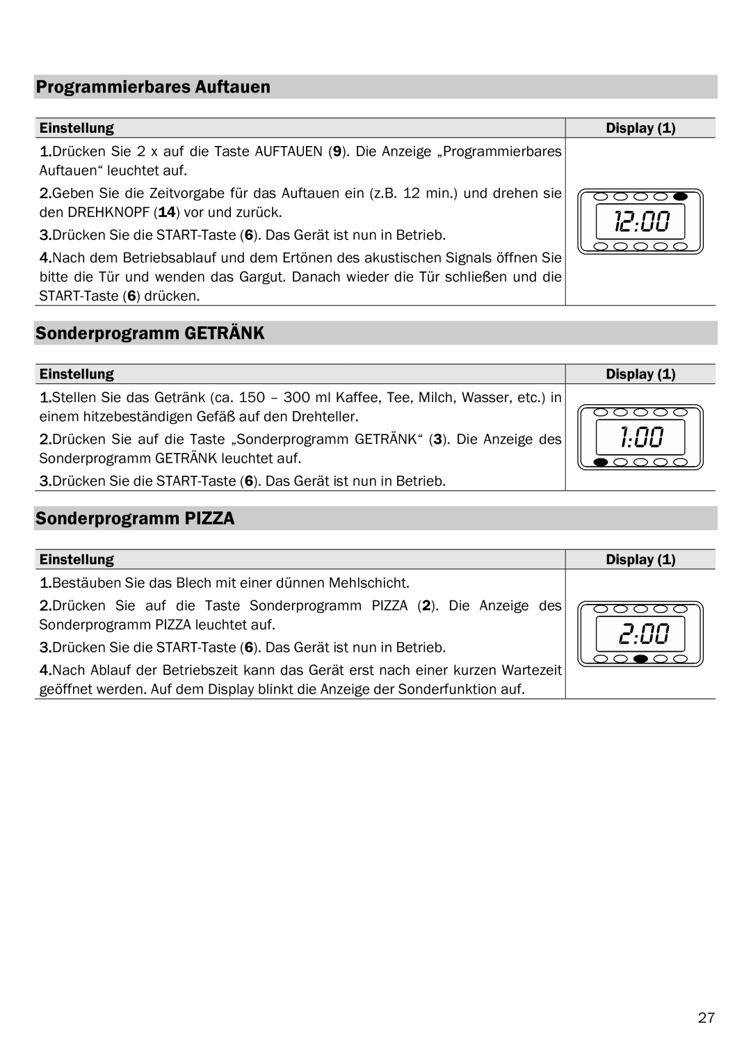 Smeg FME20EX3, FME20EX2 manual Programmierbares Auftauen, Sonderprogramm Getränk, Sonderprogramm Pizza 