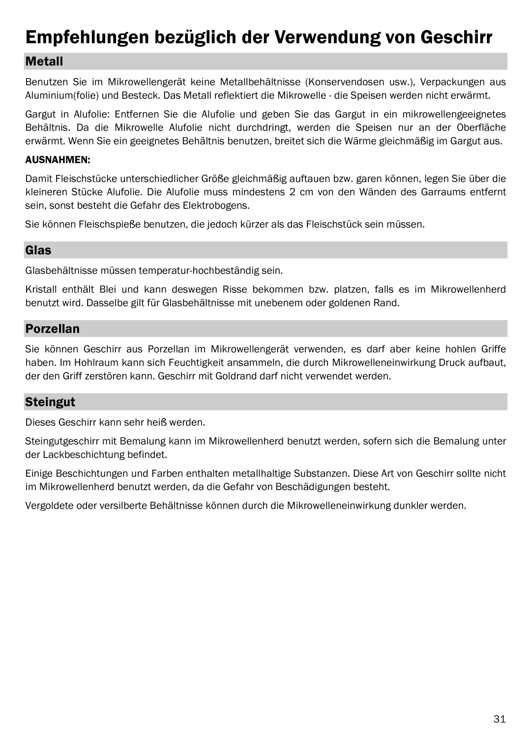 Smeg FME20EX3, FME20EX2 manual Empfehlungen bezüglich der Verwendung von Geschirr, Metall, Glas, Porzellan, Steingut 