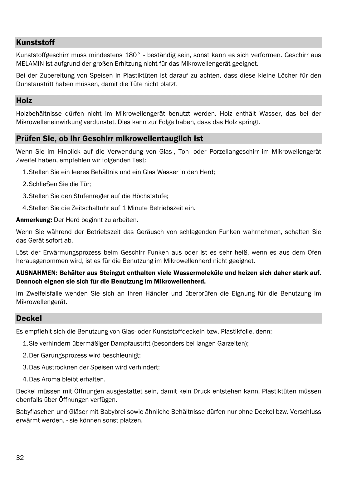 Smeg FME20EX2, FME20EX3 manual Kunststoff, Holz, Prüfen Sie, ob Ihr Geschirr mikrowellentauglich ist, Deckel 