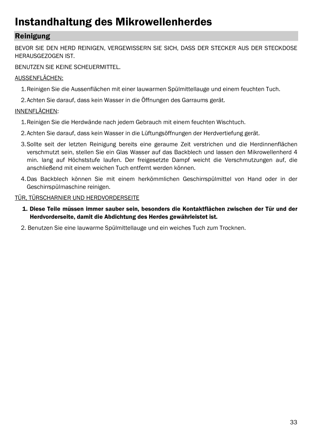 Smeg FME20EX3 manual Instandhaltung des Mikrowellenherdes, Reinigung, Innenflächen, TÜR, Türscharnier UND Herdvorderseite 