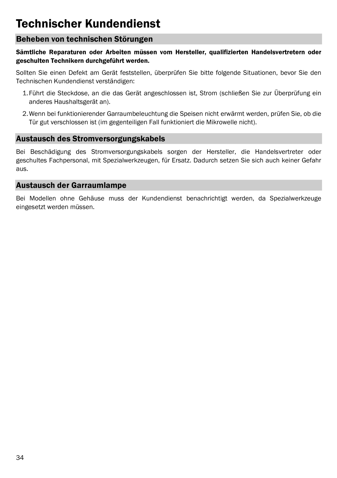 Smeg FME20EX2, FME20EX3 Technischer Kundendienst, Beheben von technischen Störungen, Austausch des Stromversorgungskabels 