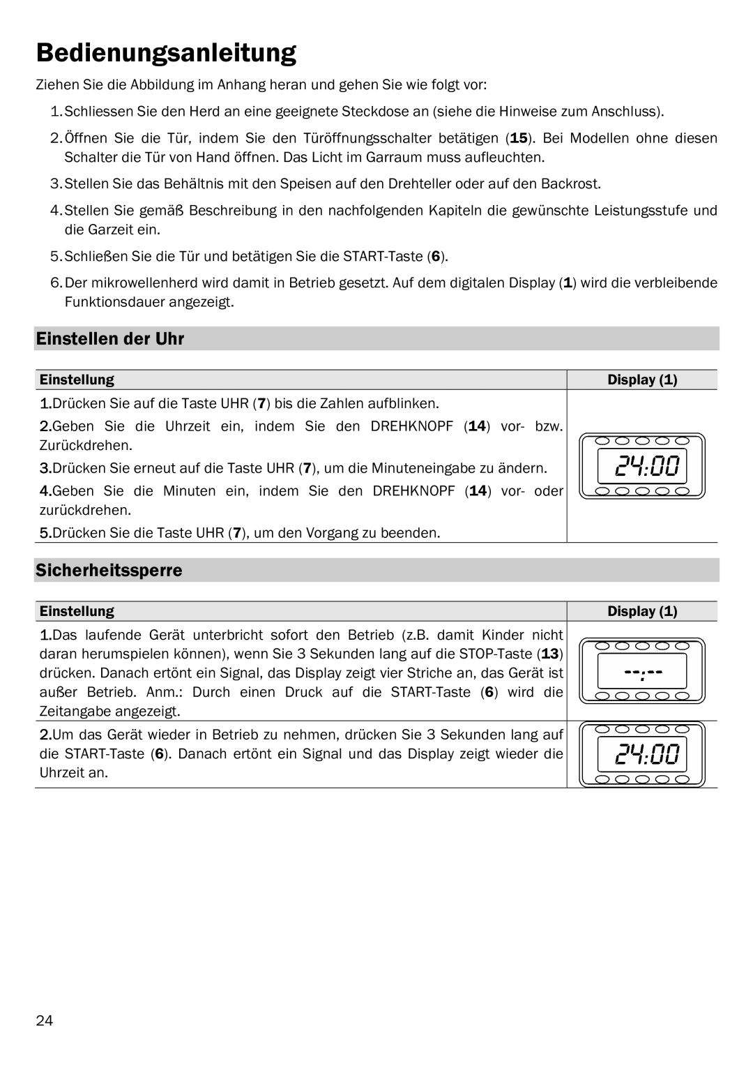 Smeg FME20EX2, FME20EX3 manual Bedienungsanleitung, Einstellen der Uhr, Sicherheitssperre 