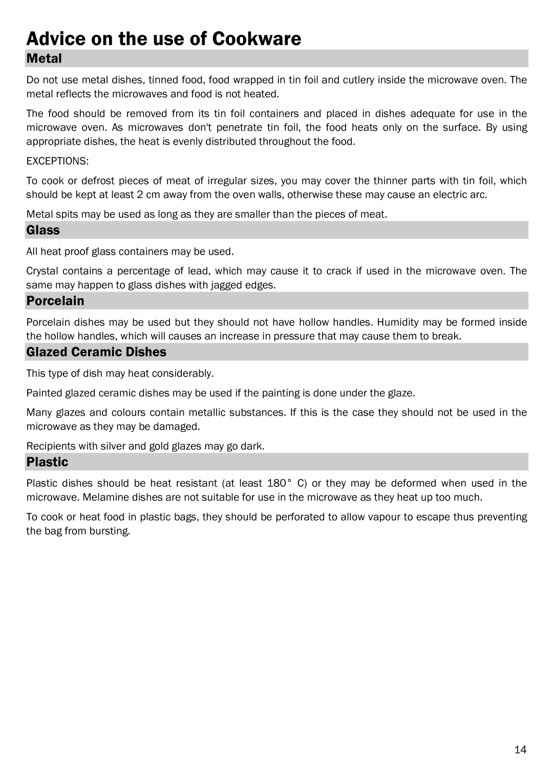 Smeg FME20TC manual Advice on the use of Cookware 