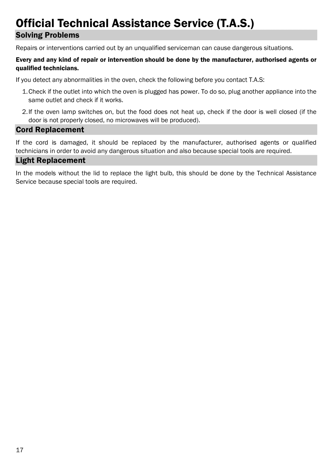 Smeg FME20TC manual Official Technical Assistance Service T.A.S, Solving Problems, Cord Replacement, Light Replacement 