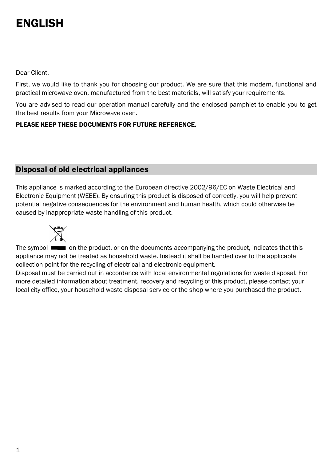 Smeg FME20TC manual Disposal of old electrical appliances, Please Keep These Documents for Future Reference 