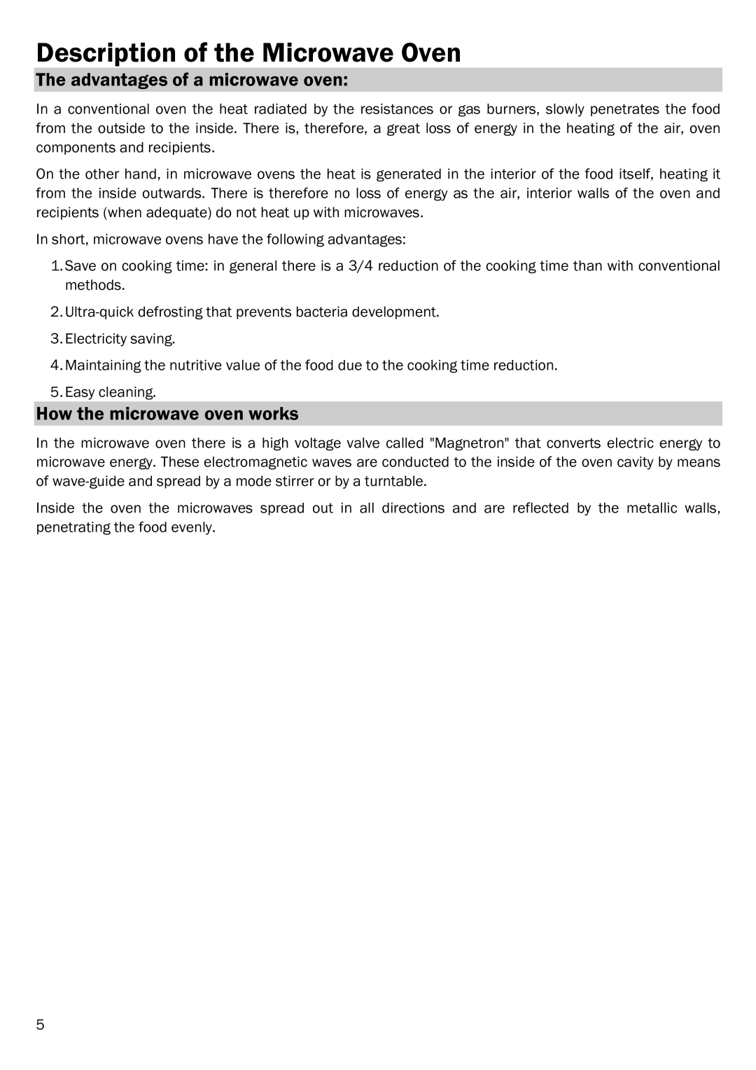 Smeg FME20TC manual Description of the Microwave Oven, Advantages of a microwave oven, How the microwave oven works 