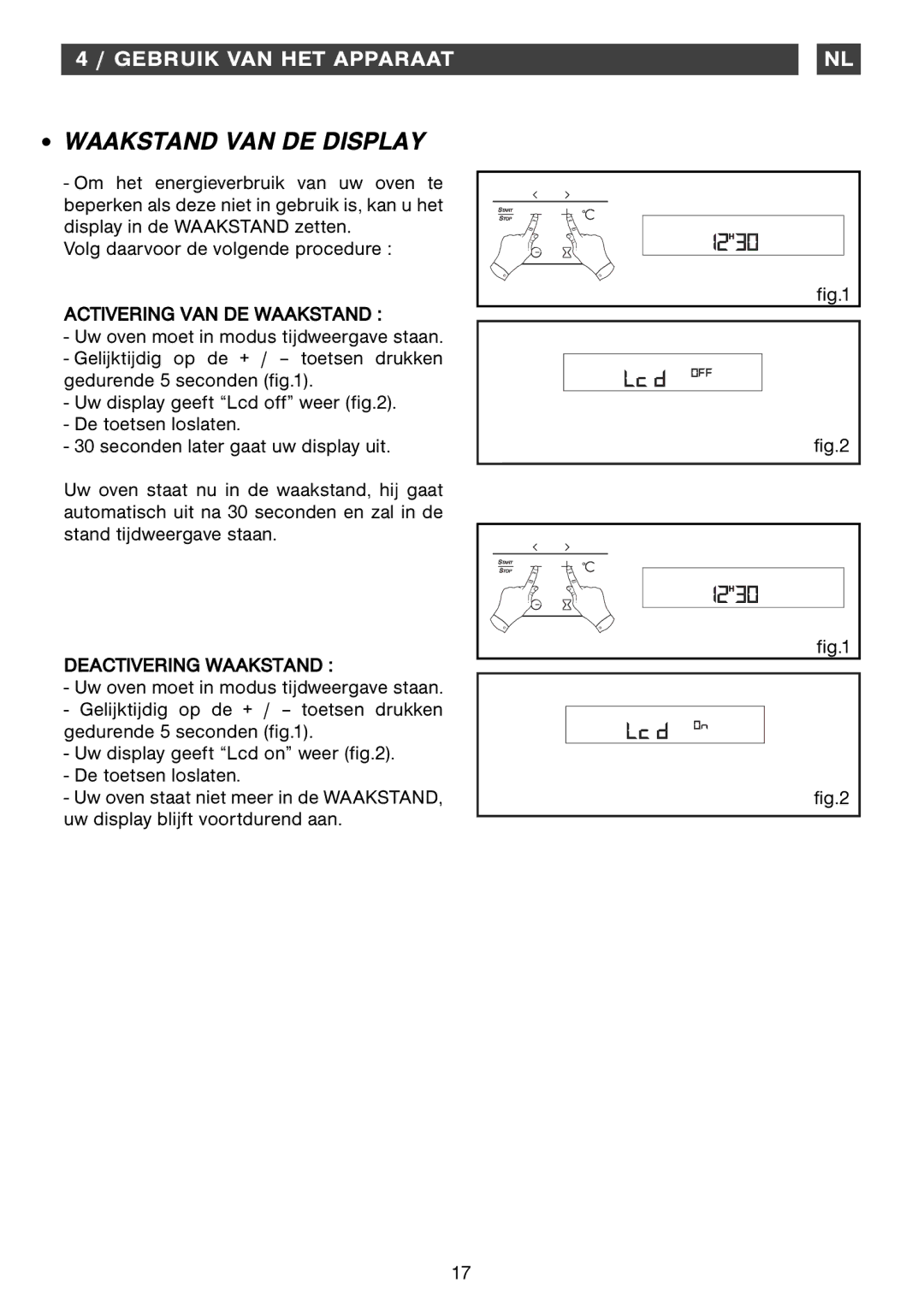 Smeg Four Oven manual Waakstand VAN DE Display, Activering VAN DE Waakstand 