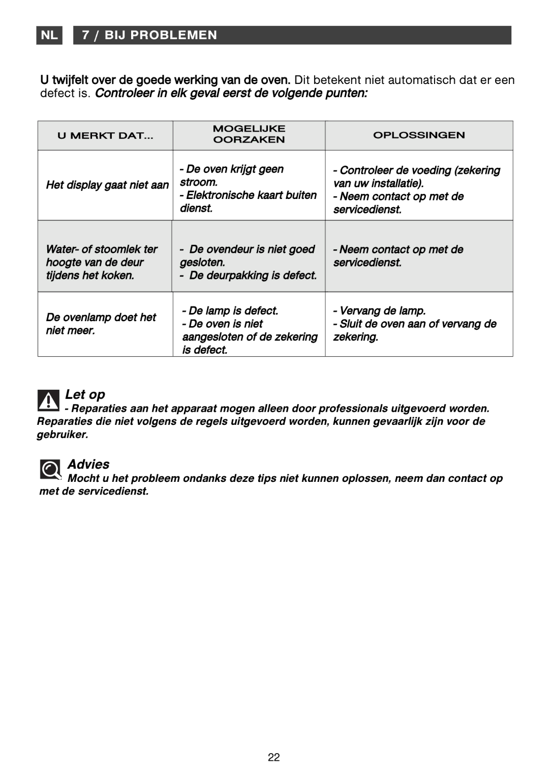 Smeg Four Oven manual Advies, NL 7 / BIJ Problemen 