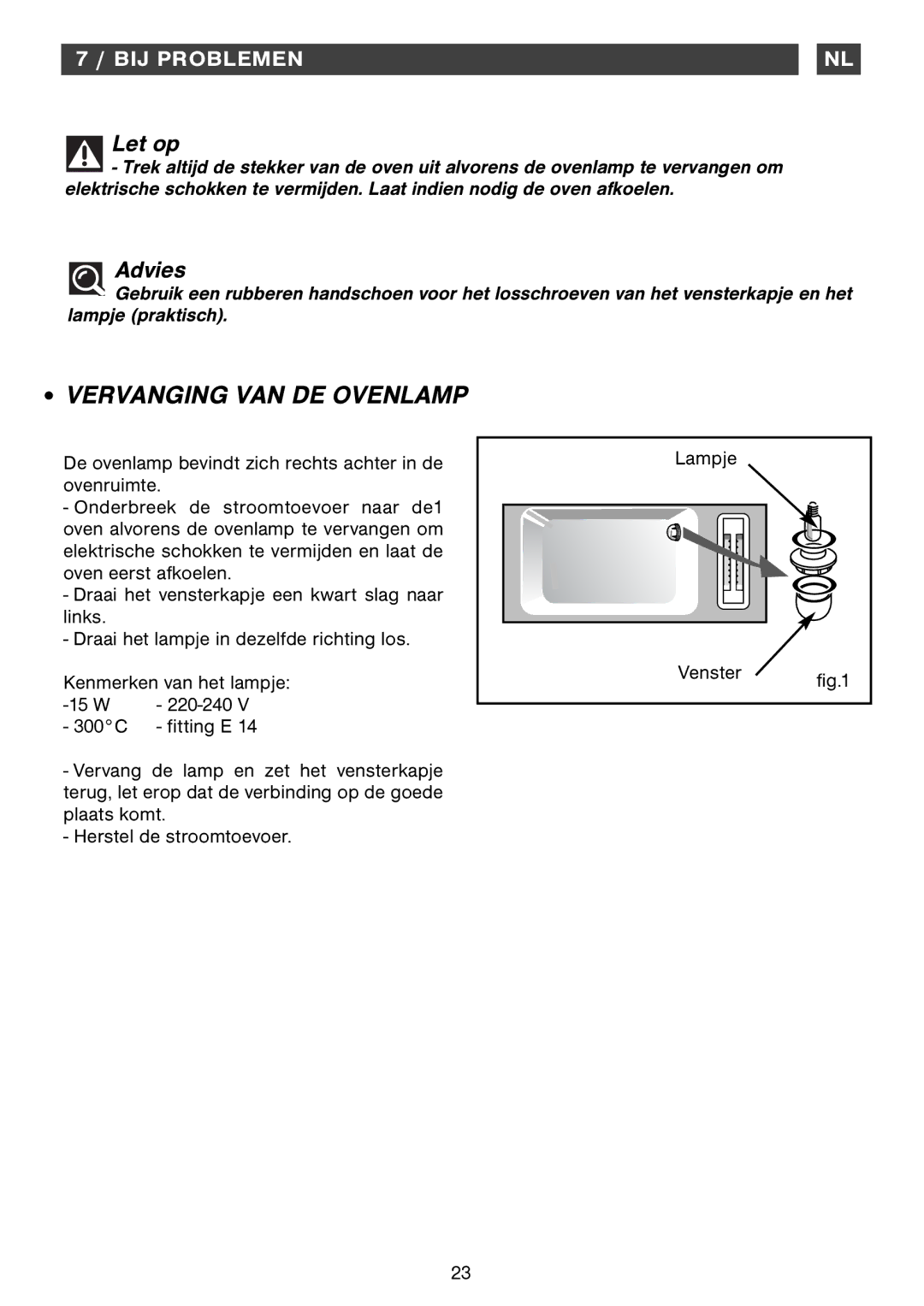 Smeg Four Oven manual Vervanging VAN DE Ovenlamp, BIJ Problemen 