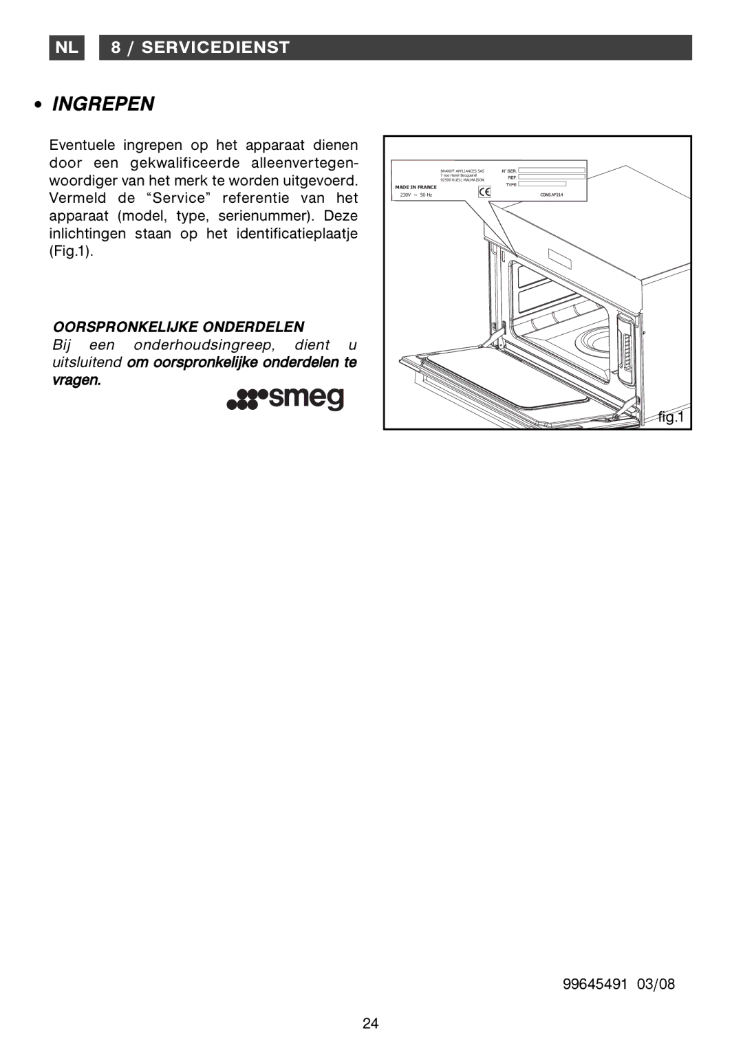 Smeg Four Oven manual Ingrepen, NL 8 / Servicedienst 