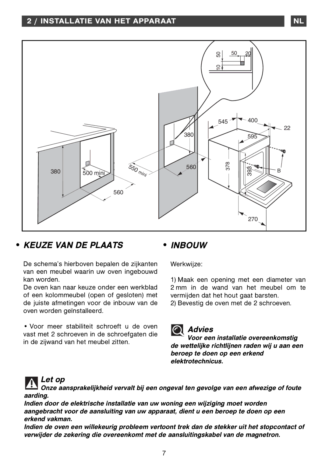 Smeg Four Oven manual Advies, Installatie VAN HET Apparaat 