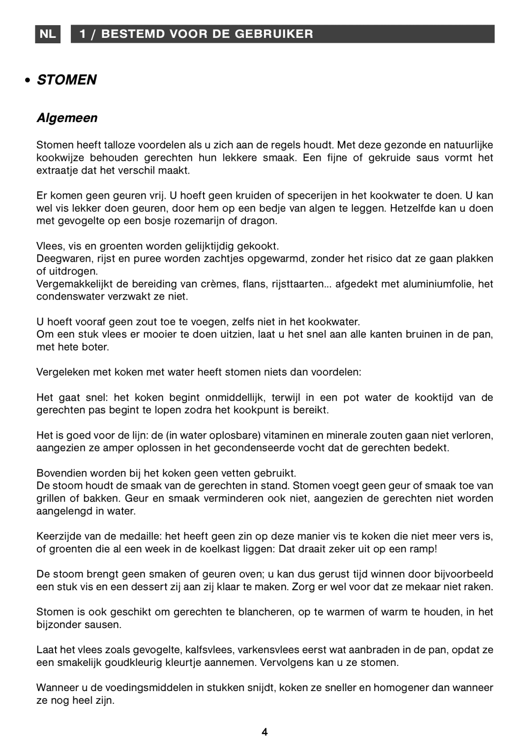 Smeg Four Oven manual Stomen, Algemeen, NL 1 / BESTEMD VOOR DE GEBRUIKER 