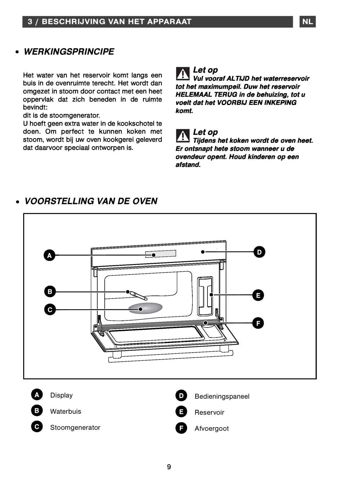Smeg Four Oven Werkingsprincipe, Voorstelling Van De Oven, 3 / BESCHRIJVING VAN HET APPARAAT, Let op, B E C F, Display 