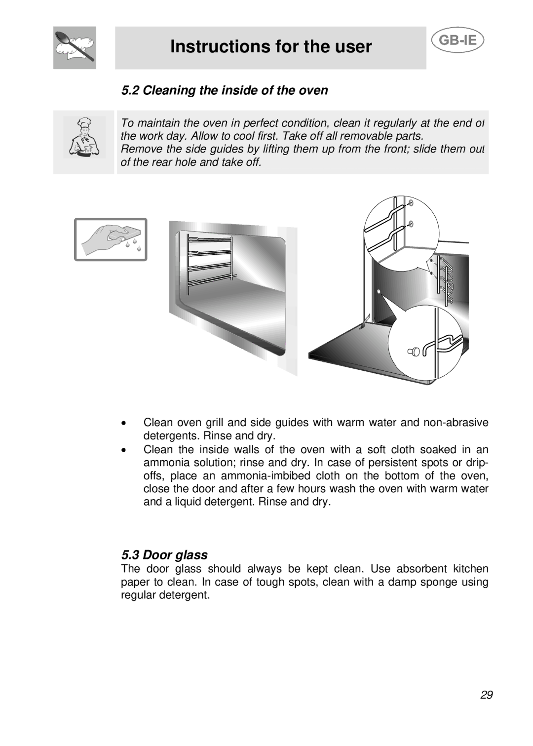 Smeg FOVP manual Cleaning the inside of the oven, Door glass 