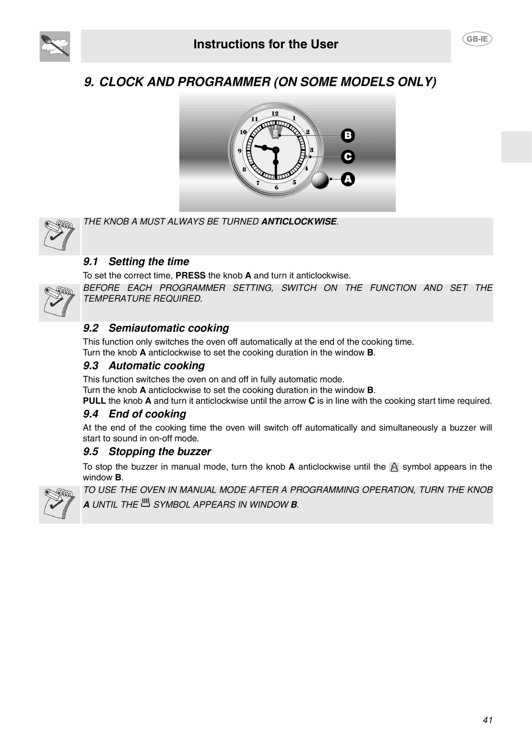 Smeg FP130N, FP130B, FP130X manual Clock and Programmer on Some Models only, Setting the time 