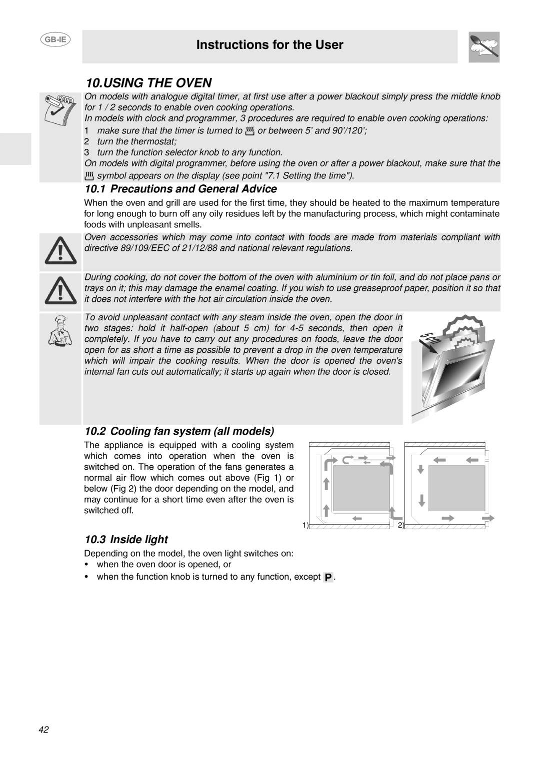 Smeg FP130B, FP130N, FP130X Using the Oven, Precautions and General Advice, Cooling fan system all models, Inside light 