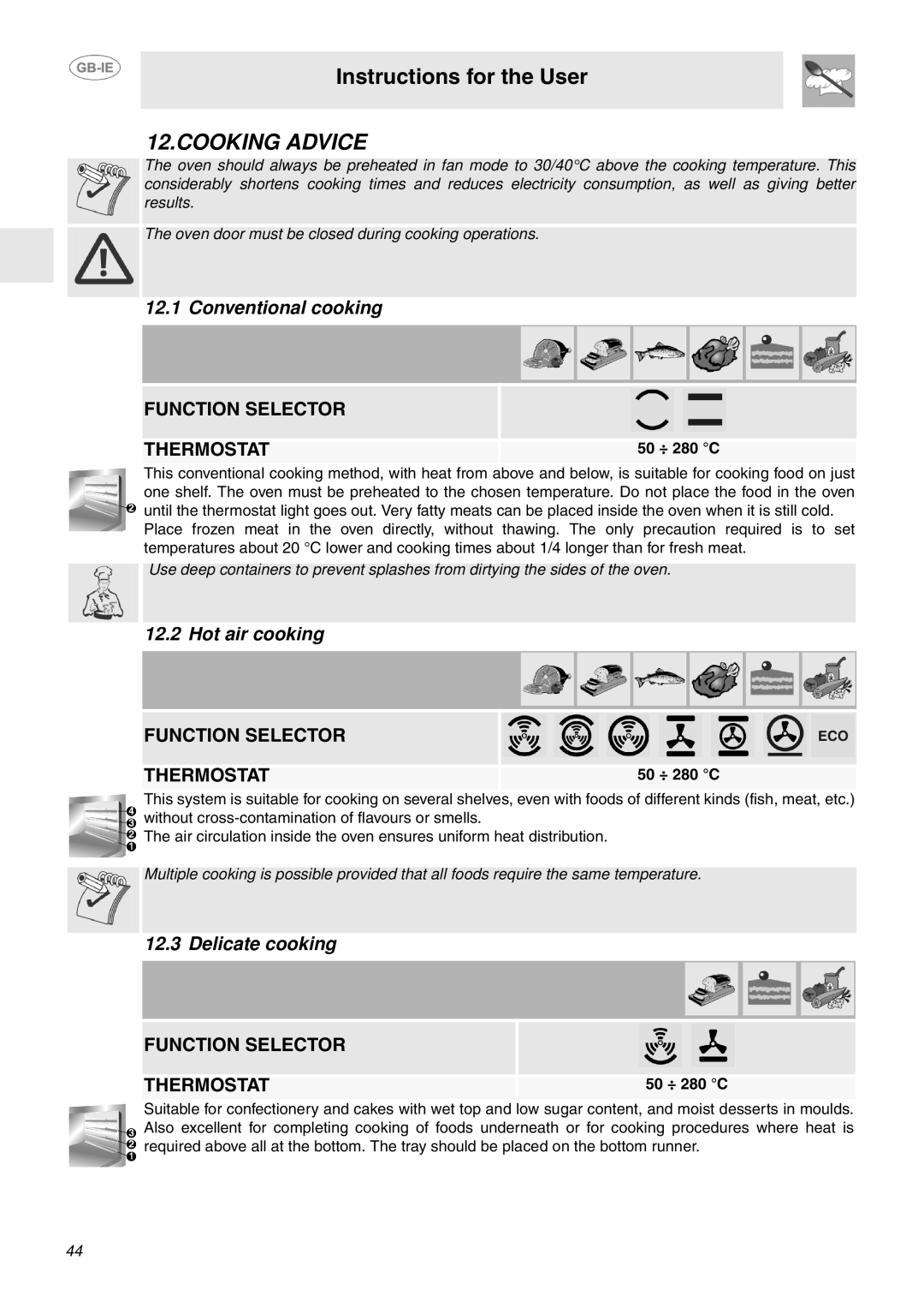 Smeg FP130N, FP130B, FP130X manual Cooking Advice, Conventional cooking, Hot air cooking, Delicate cooking, 50 ÷ 280 C 