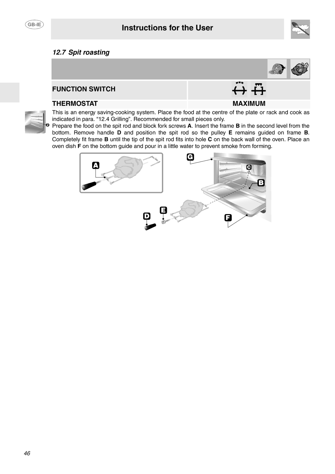 Smeg FP130X, FP130N, FP130B manual Spit roasting, Function Switch Thermostat Maximum 