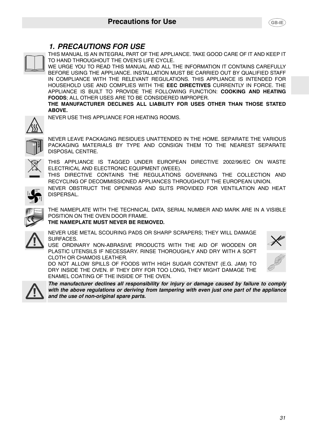 Smeg FP130X, FP130N, FP130B manual Precautions for USE, Nameplate Must Never be Removed 