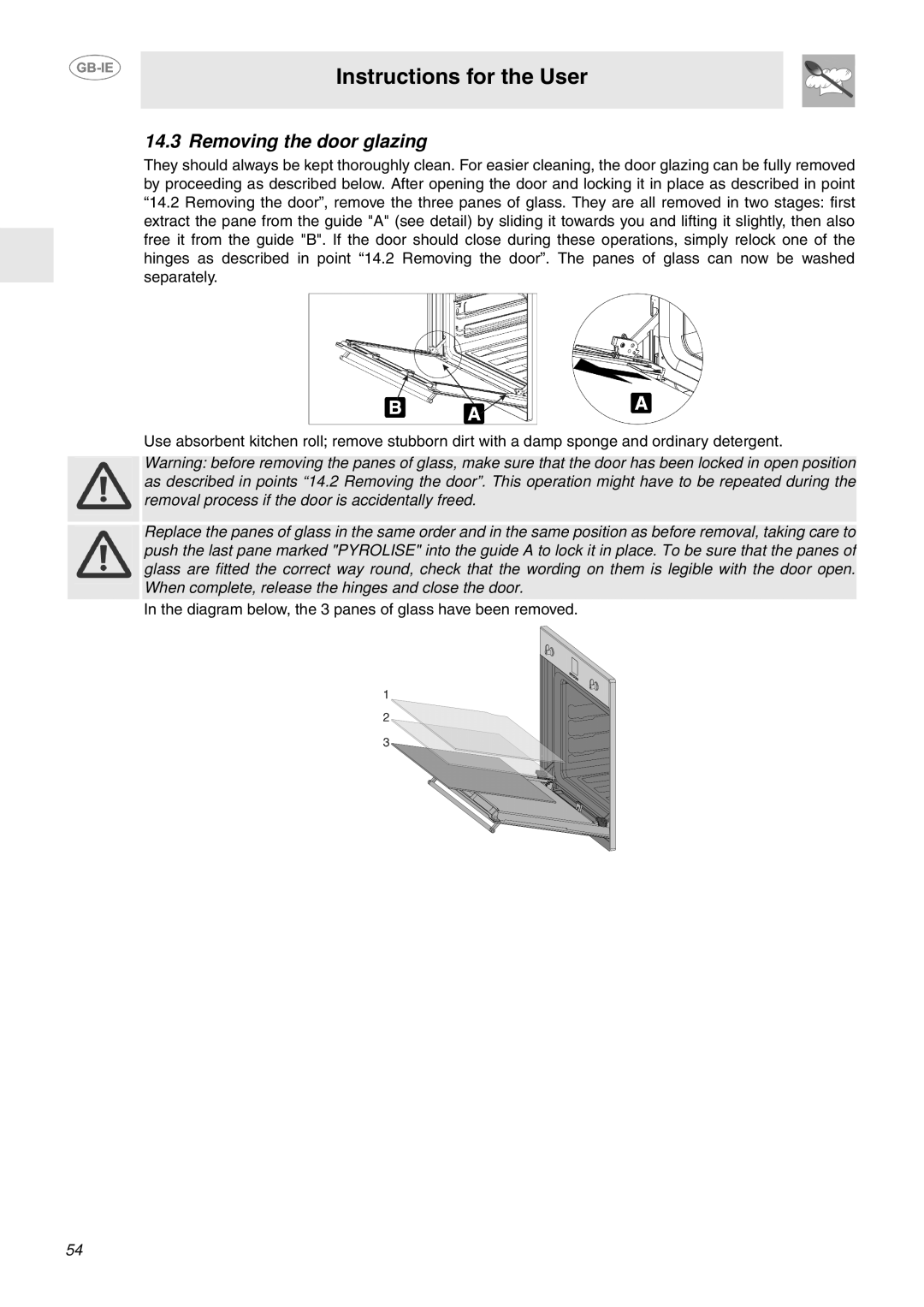 Smeg FP130B, FP130N, FP130X manual Removing the door glazing 