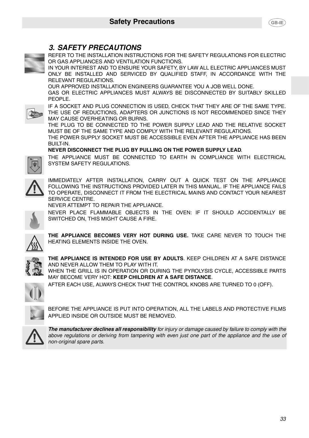 Smeg FP130B, FP130N, FP130X manual Safety Precautions 