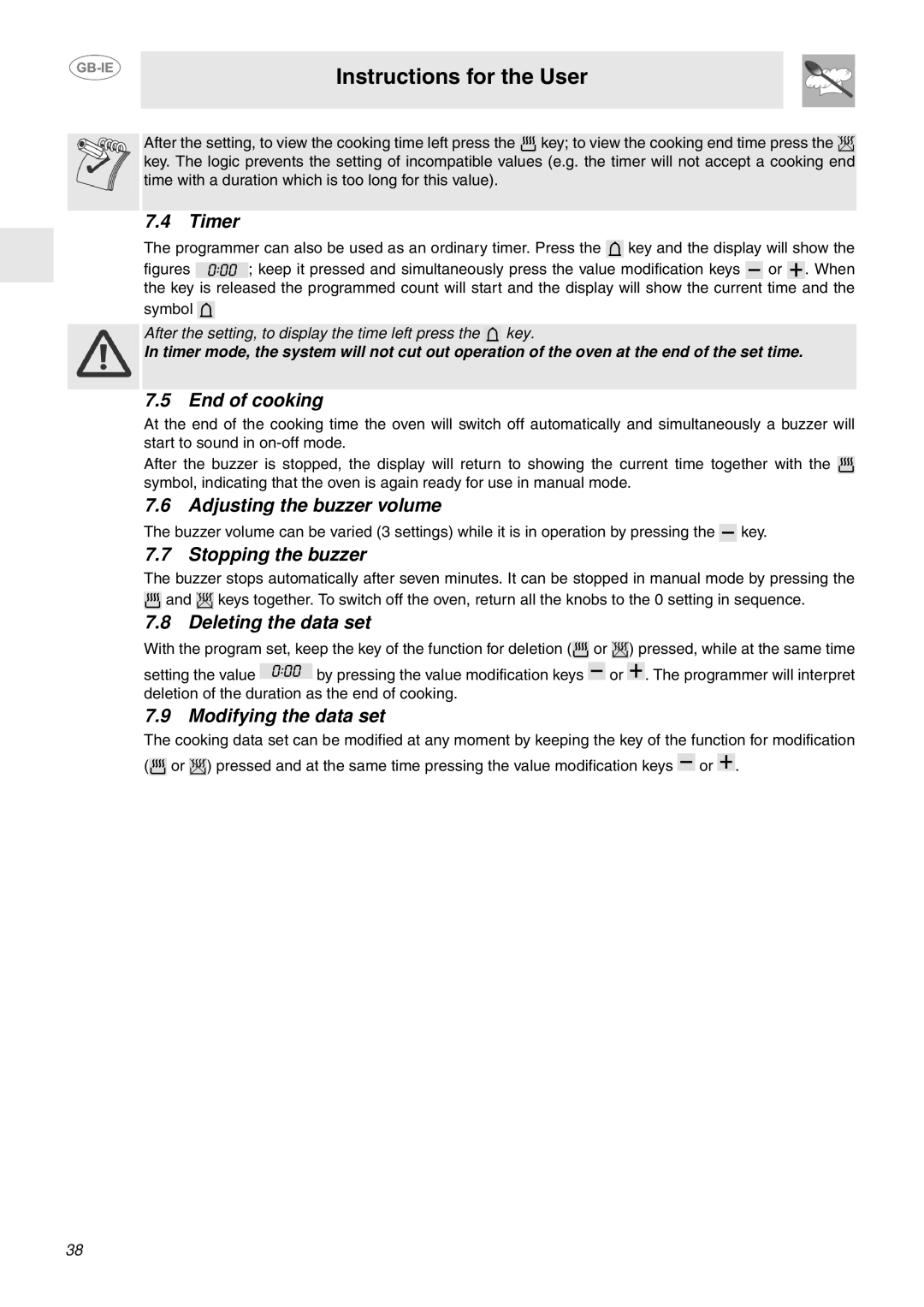 Smeg FP130N, FP130B, FP130X Timer, End of cooking, Adjusting the buzzer volume, Stopping the buzzer, Deleting the data set 