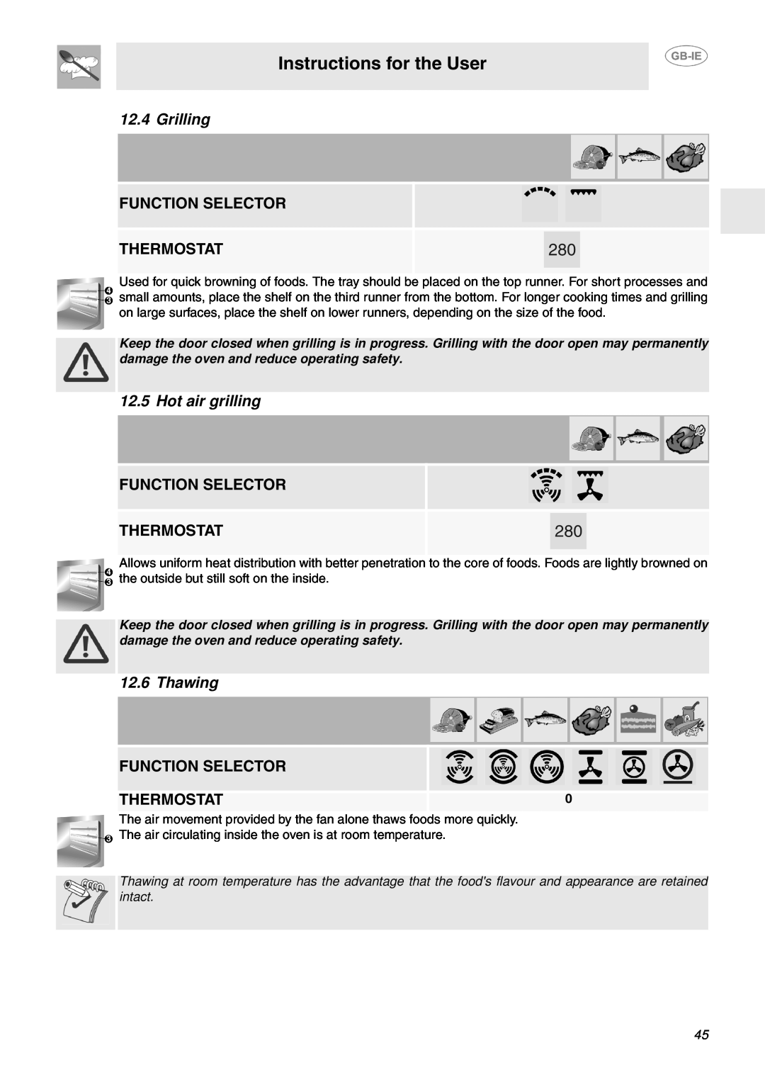 Smeg FP130B, FP130N, FP130X Grilling, Function Selector Thermostat, Hot air grilling, Thawing, Instructions for the User 