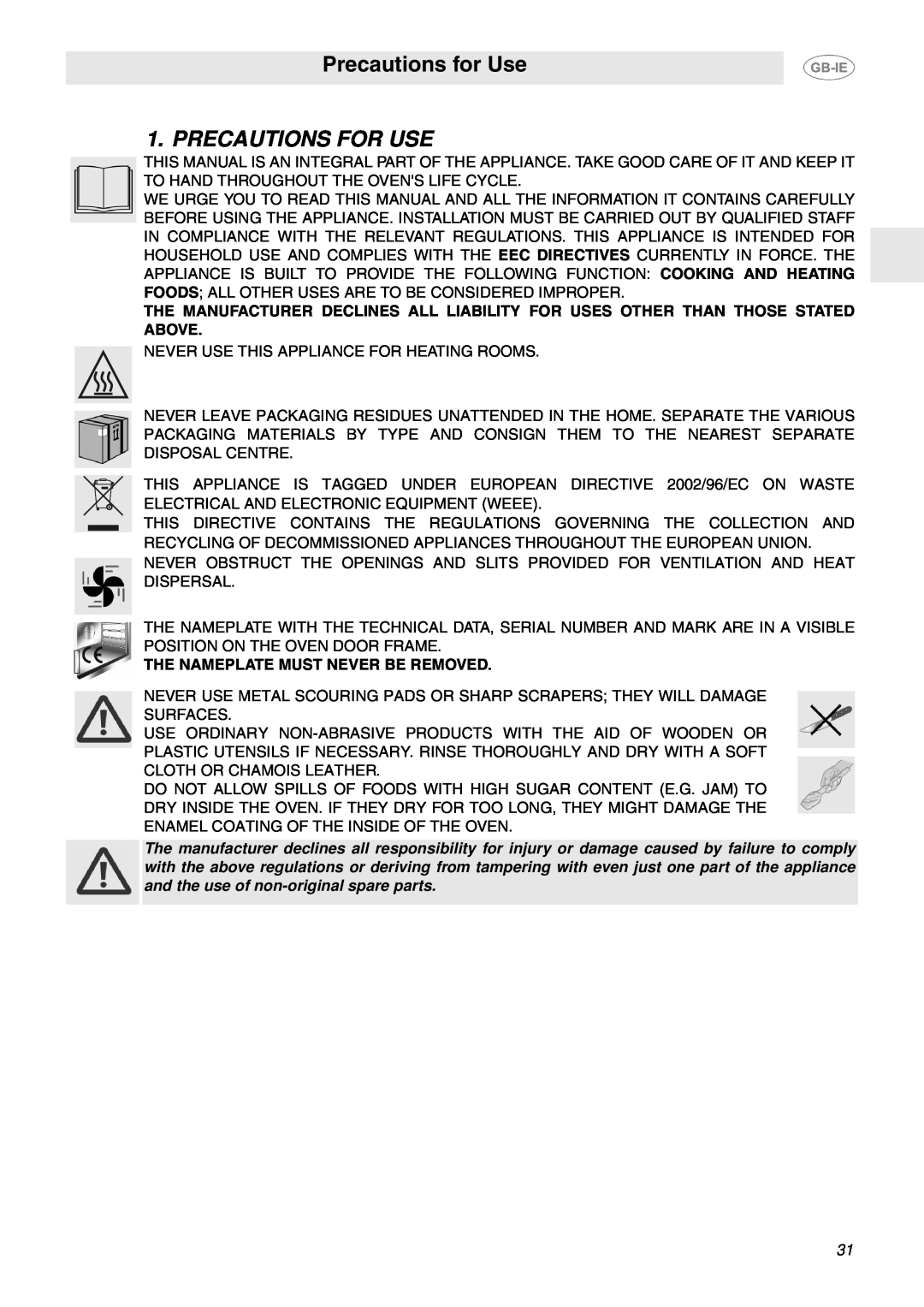 Smeg FP130X, FP130N, FP130B manual Precautions for Use, Precautions For Use, The Nameplate Must Never Be Removed 