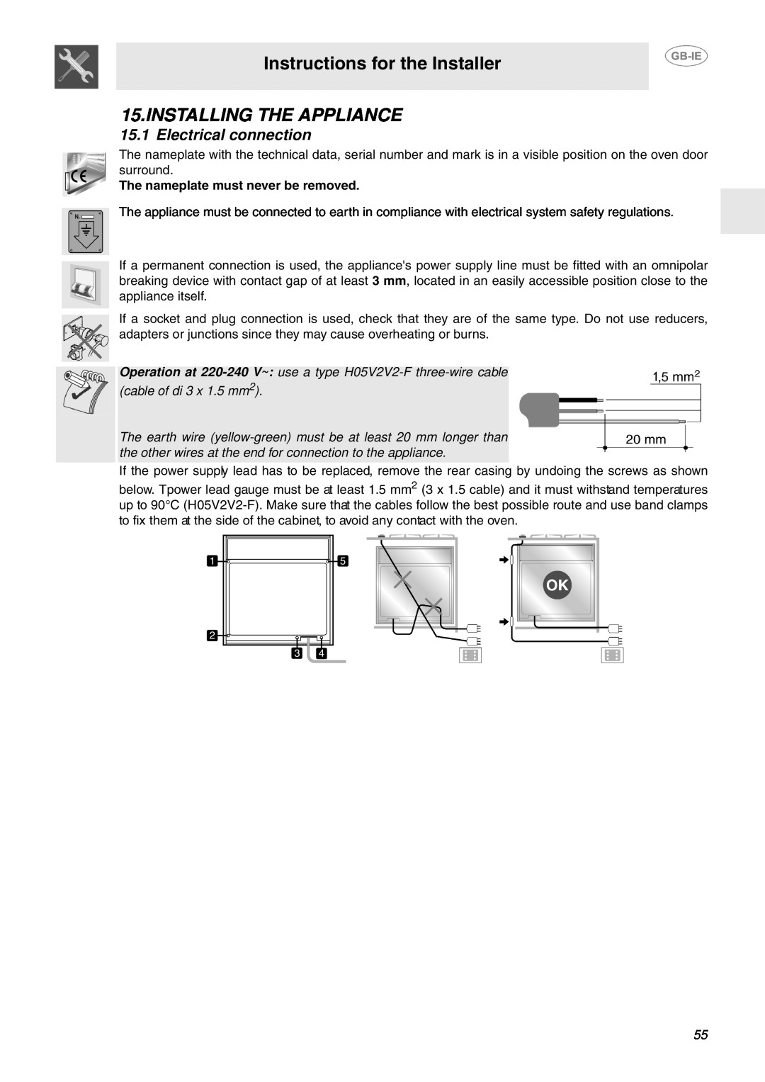 Smeg FP130X, FP130N, FP130B manual Instructions for the Installer, Installing The Appliance, Electrical connection 