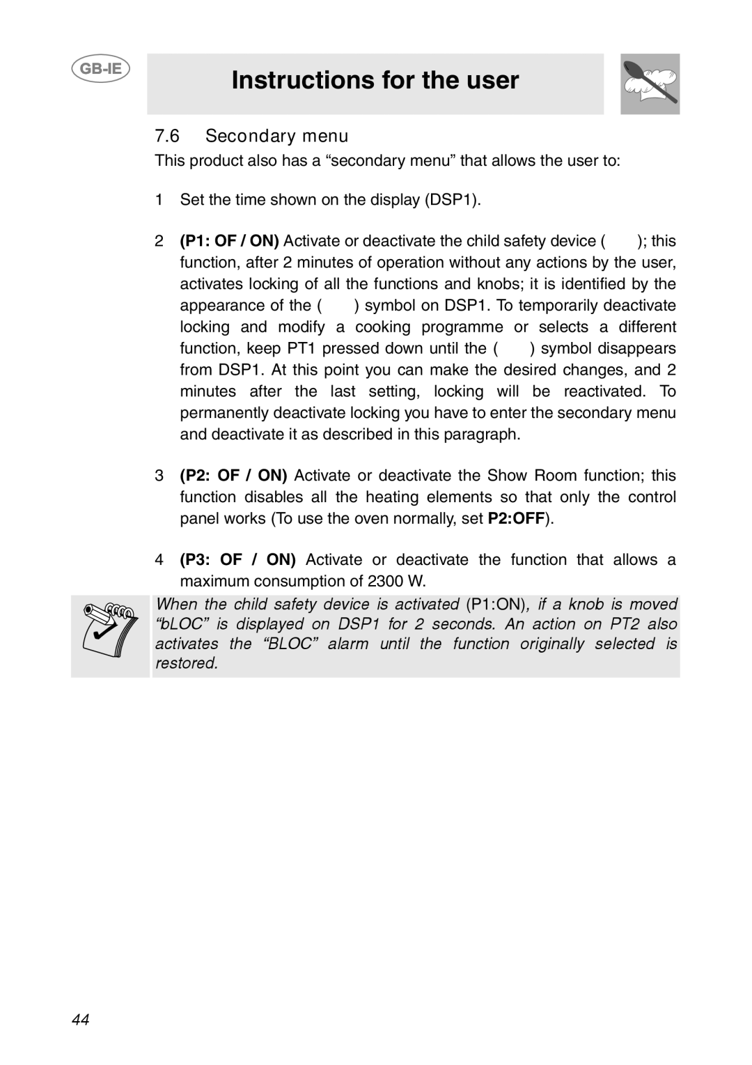 Smeg FP131B1 manual Secondary menu 