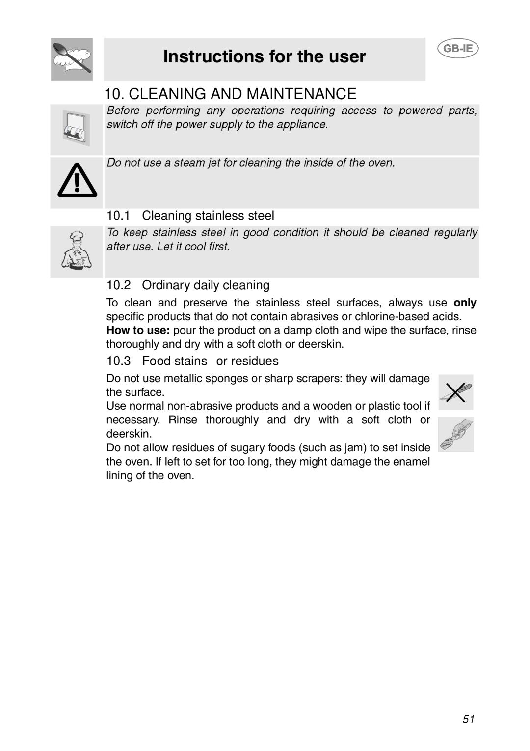 Smeg FP131B1 manual Cleaning and Maintenance, Cleaning stainless steel, Ordinary daily cleaning, Food stains or residues 