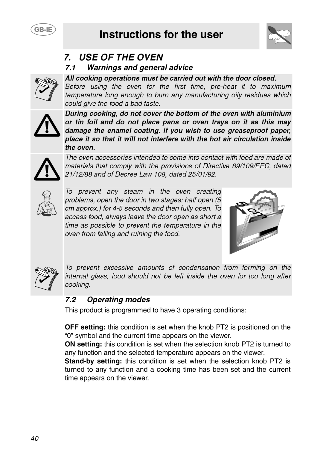 Smeg FP131B1 manual USE of the Oven, Operating modes 