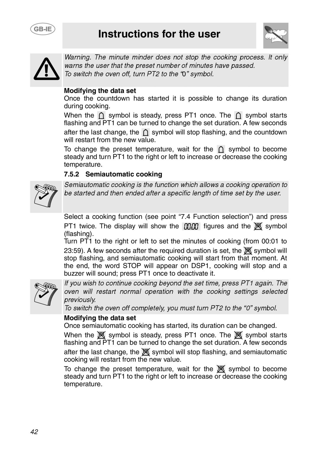 Smeg FP131B1 manual Instructions for the user, To switch the oven off, turn PT2 to the “0” symbol, Modifying the data set 