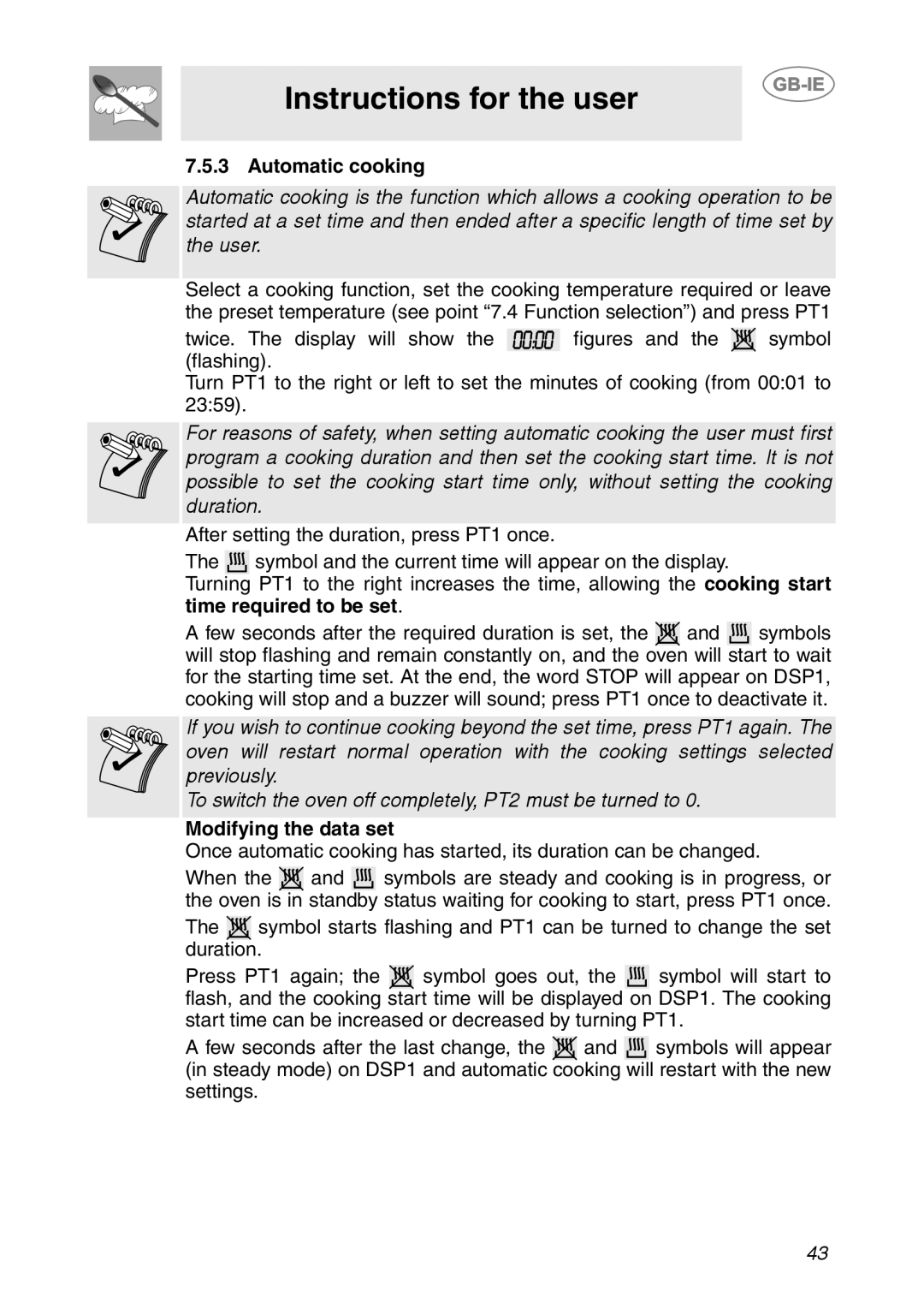 Smeg FP131B1 manual Instructions for the user, Automatic cooking, time required to be set, Modifying the data set 
