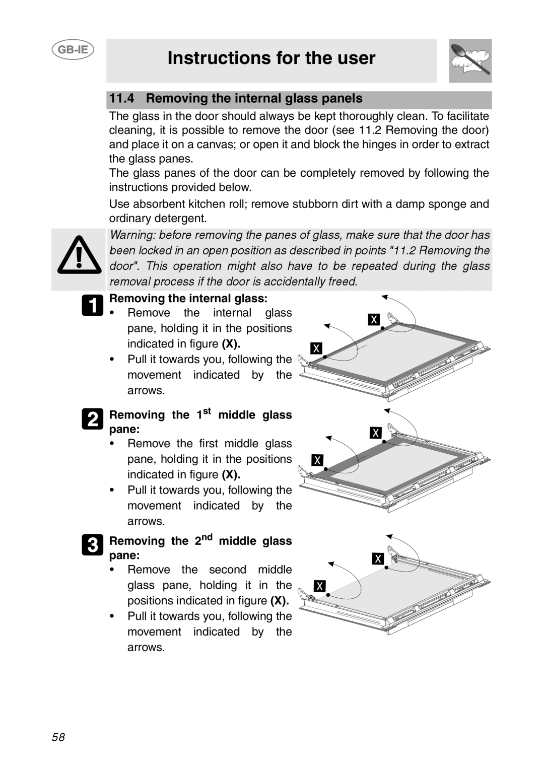 Smeg FP131B1 manual Instructions for the user, Removing the internal glass panels, Removing the 1st middle glass pane 