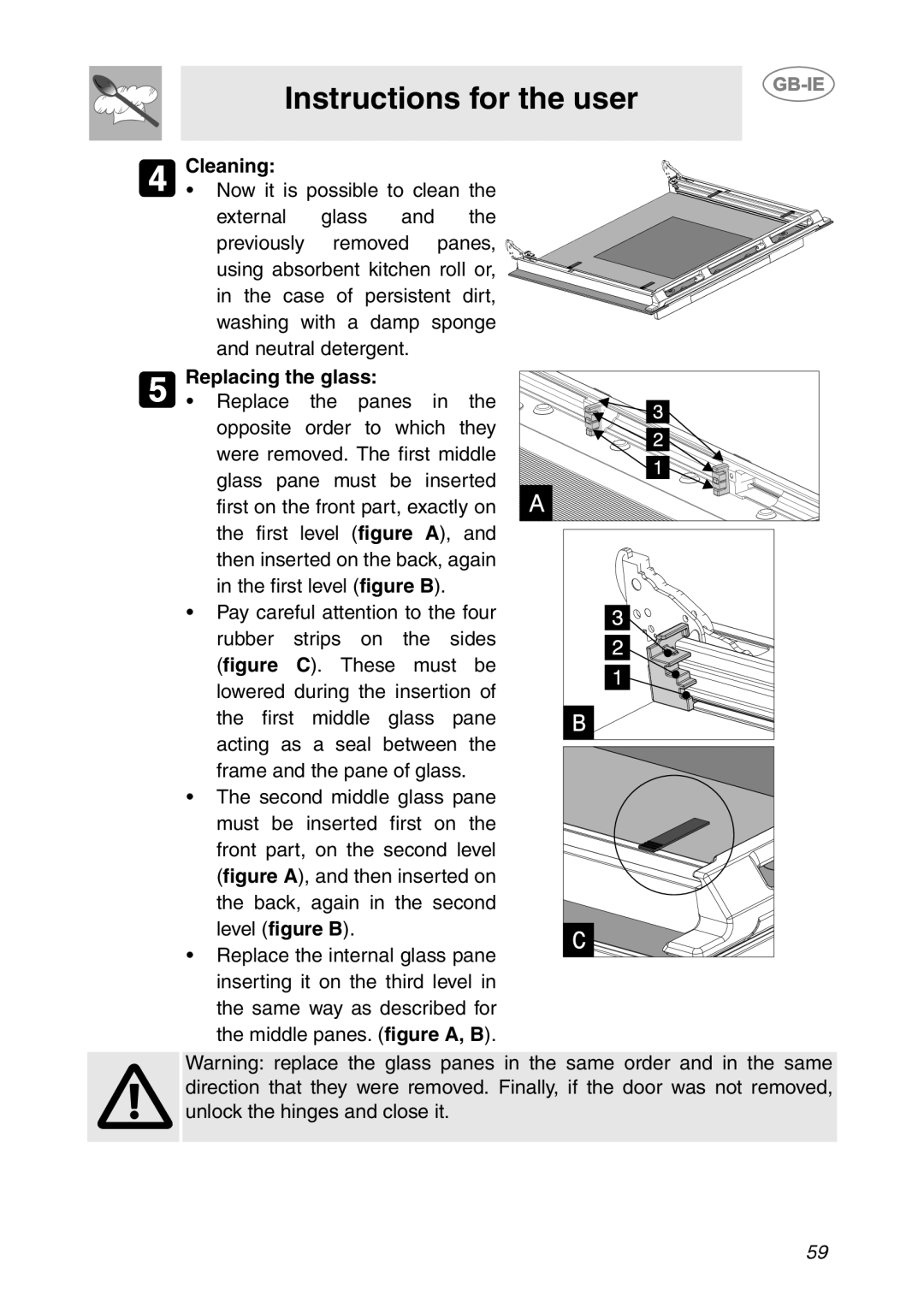 Smeg FP131B1 manual Instructions for the user, Cleaning, Replacing the glass 