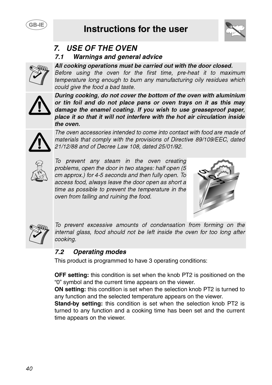 Smeg FP131B1 manual Use Of The Oven, Instructions for the user, Warnings and general advice, Operating modes 
