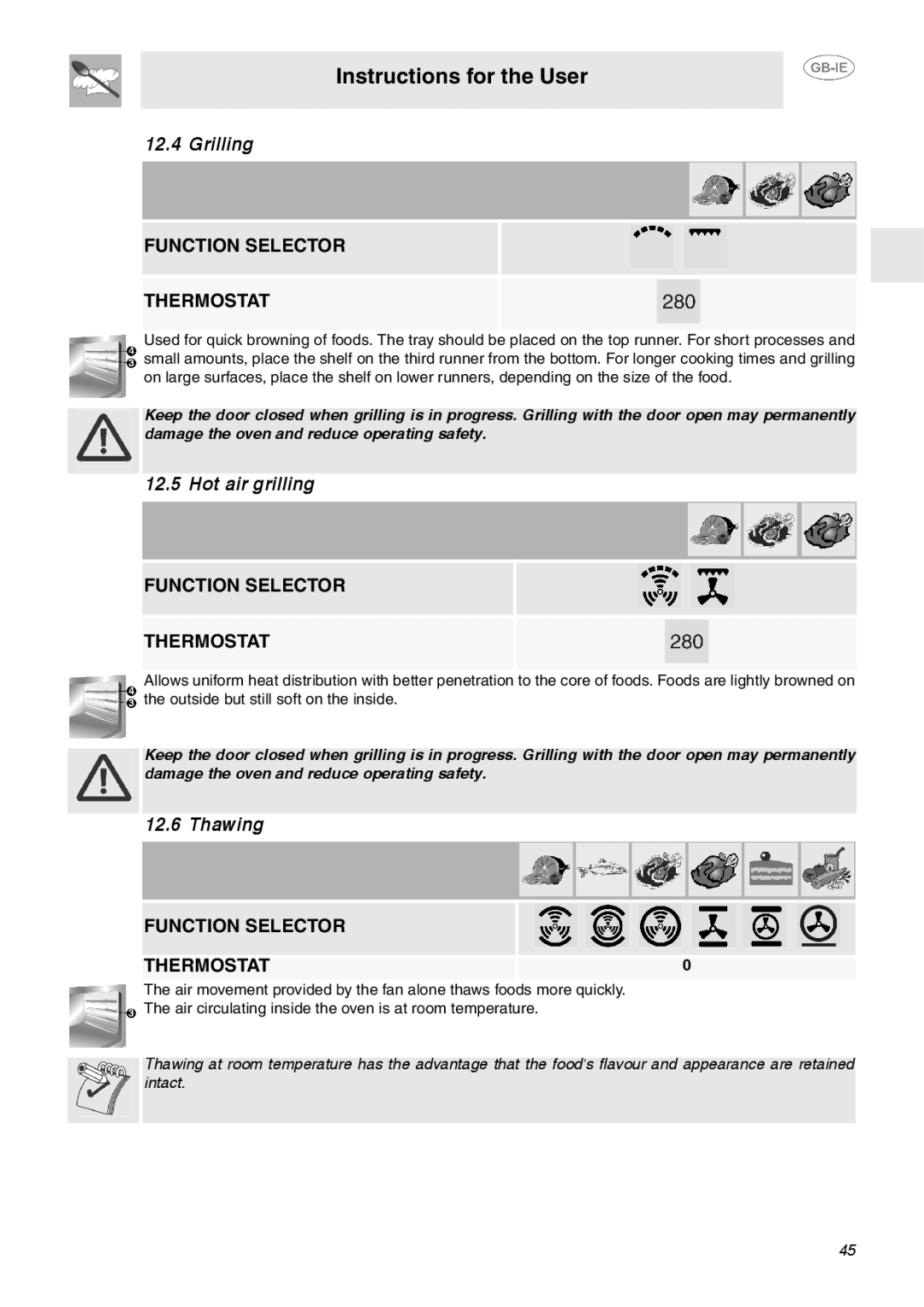 Smeg FP133X, FP132X manual Grilling, Hot air grilling, Thawing 