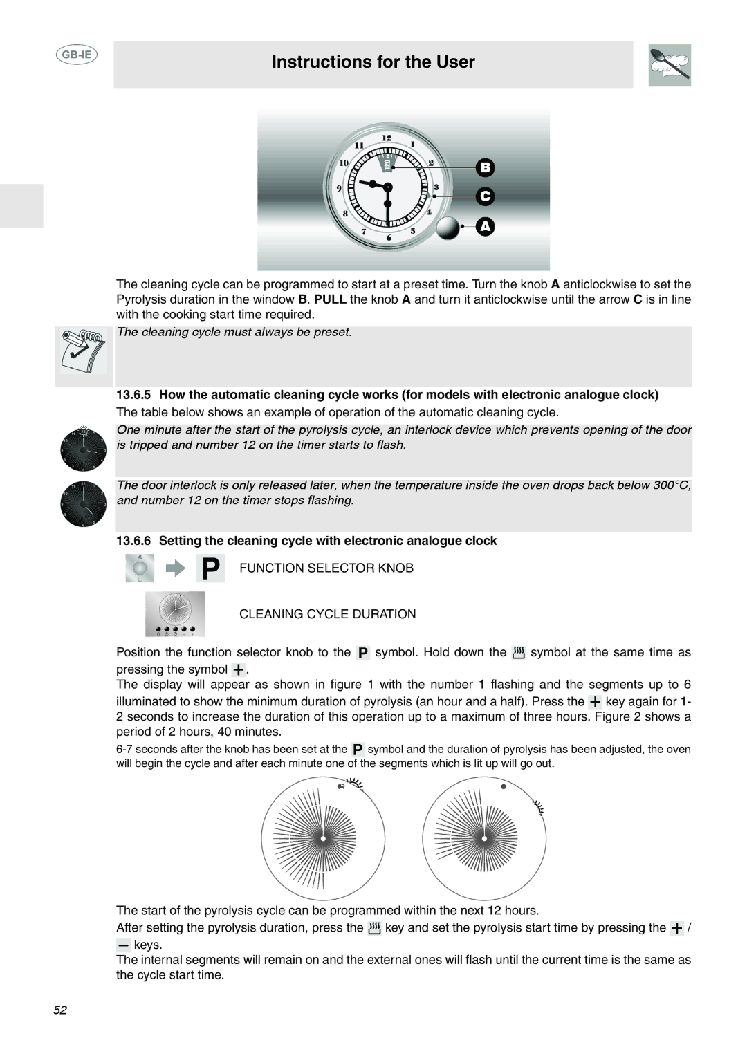 Smeg FP132X Setting the cleaning cycle with electronic analogue clock, Function Selector Knob Cleaning Cycle Duration 