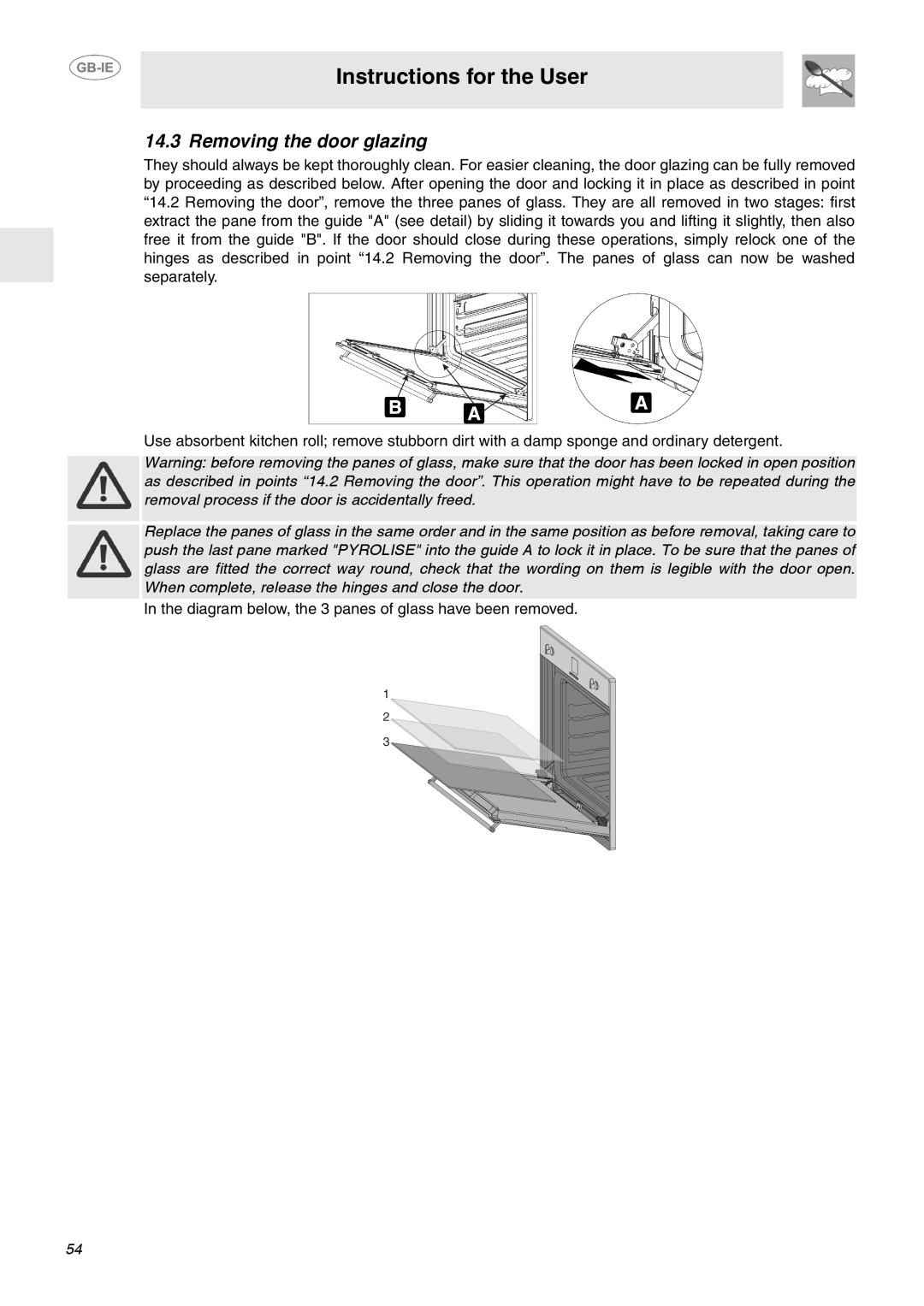 Smeg FP132X, FP133X manual Removing the door glazing 