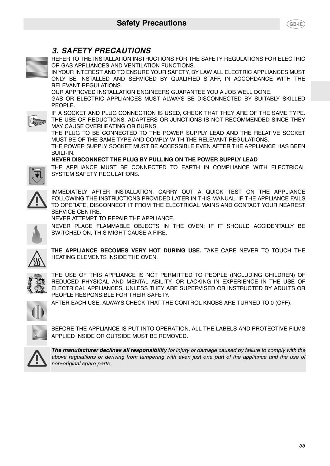 Smeg FP133X, FP132X manual Safety Precautions 