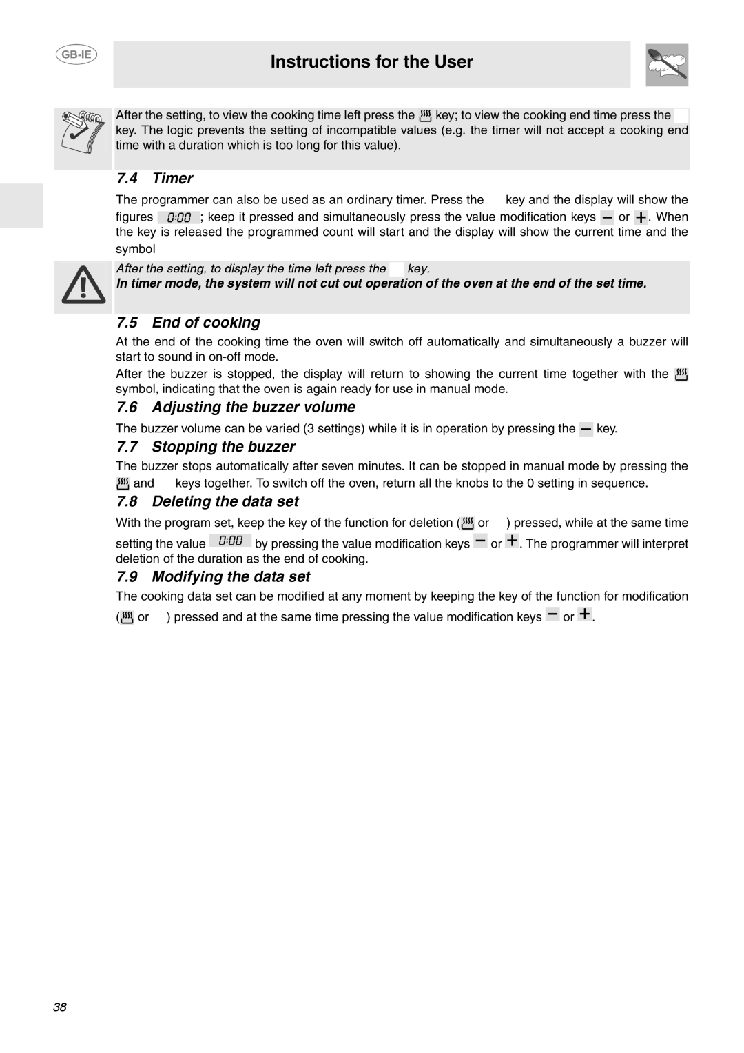 Smeg FP132X, FP133X manual Timer, End of cooking, Adjusting the buzzer volume, Stopping the buzzer, Deleting the data set 