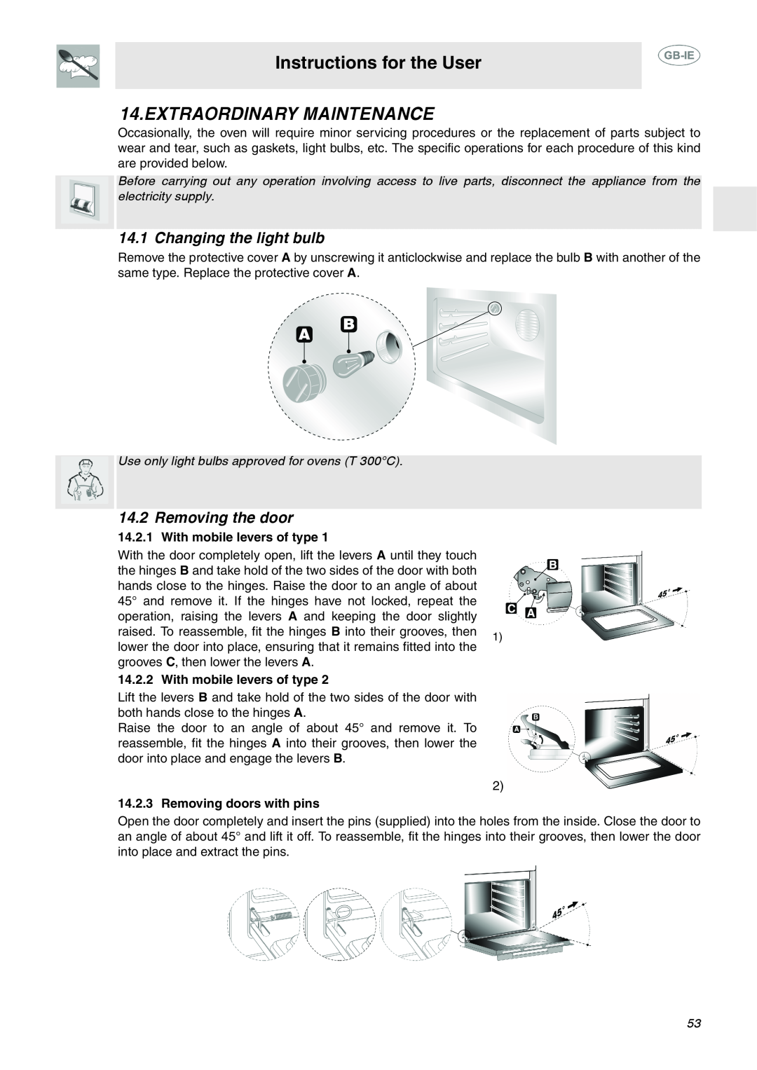 Smeg FP133X, FP132X manual Extraordinary Maintenance, Changing the light bulb, Removing the door, Instructions for the User 