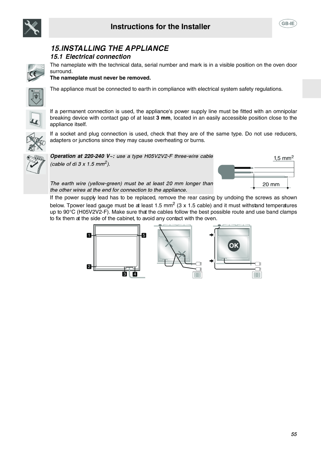 Smeg FP133X, FP132X manual Instructions for the Installer, Installing The Appliance, Electrical connection 