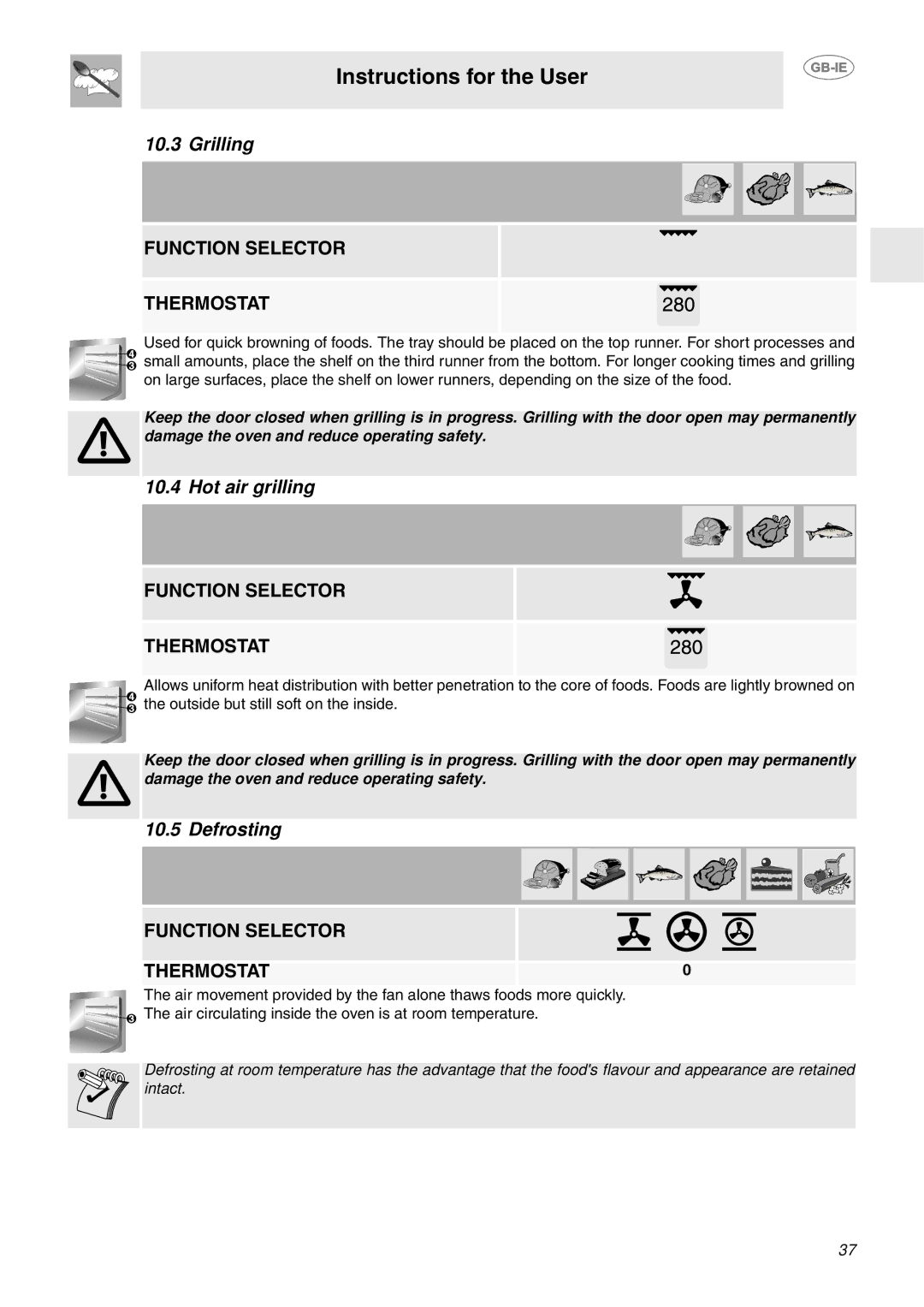 Smeg FP850APZ manual Grilling, Hot air grilling, Defrosting 