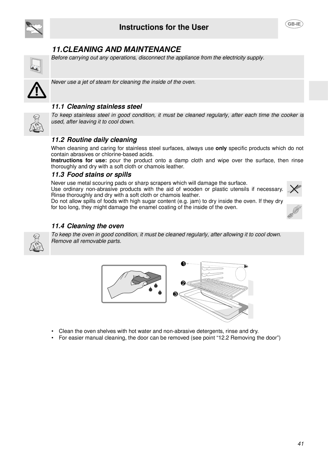 Smeg FP850APZ manual Cleaning and Maintenance, Cleaning stainless steel, Routine daily cleaning, Food stains or spills 