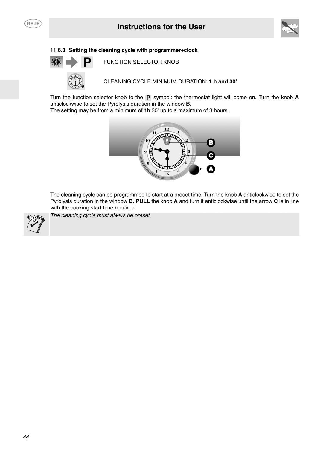 Smeg FP850APZ manual Setting the cleaning cycle with programmer+clock, Function Selector Knob 